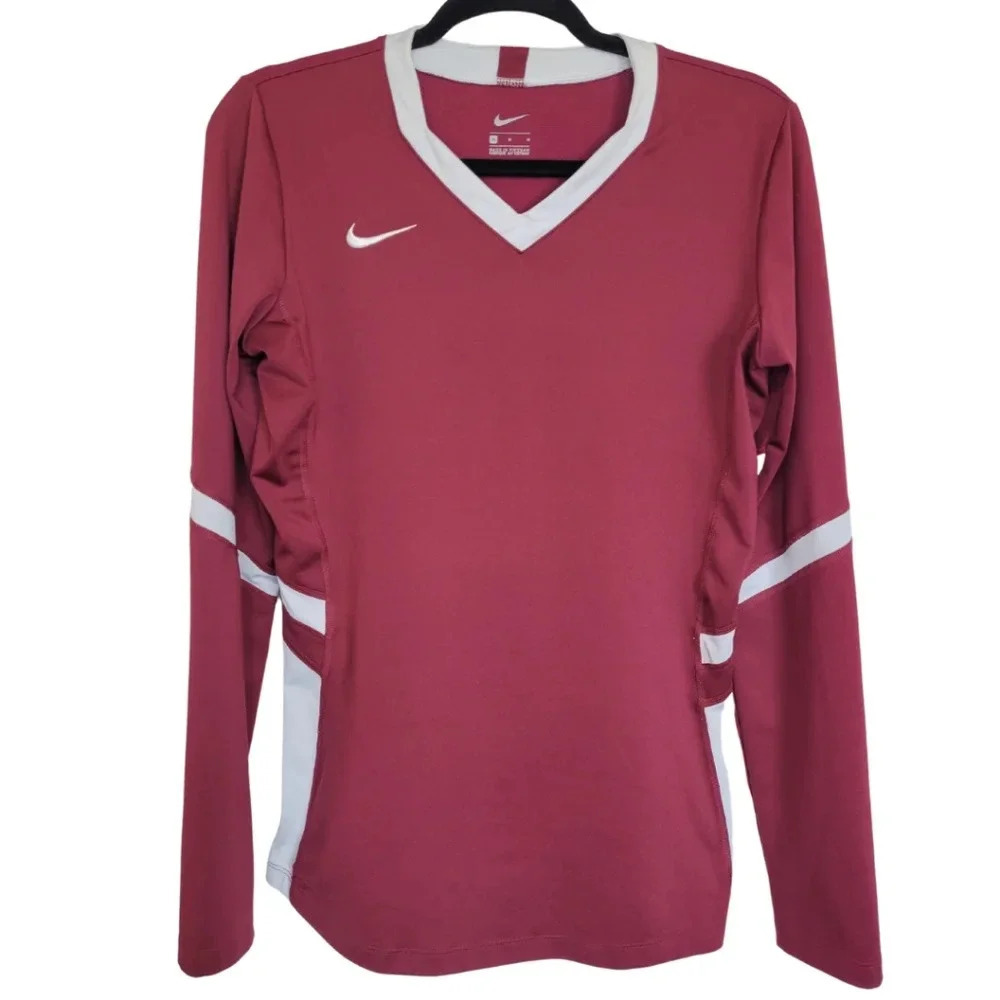 NIKE Burgundy Long Sleeve V-Neck Active T-Shirt Women's Size Medium
